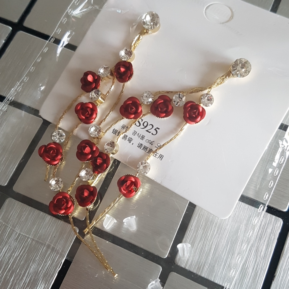 S925 Red Rose's Drop Earrings - Picture 7 of 7
